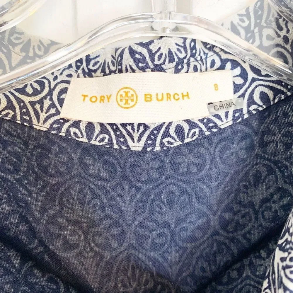 Tory Burch Blue Tile Printed White Button Up Belted Long Sleeve Work Dress Siz 8